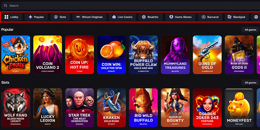 Winum casino website sections Winum casino website sections